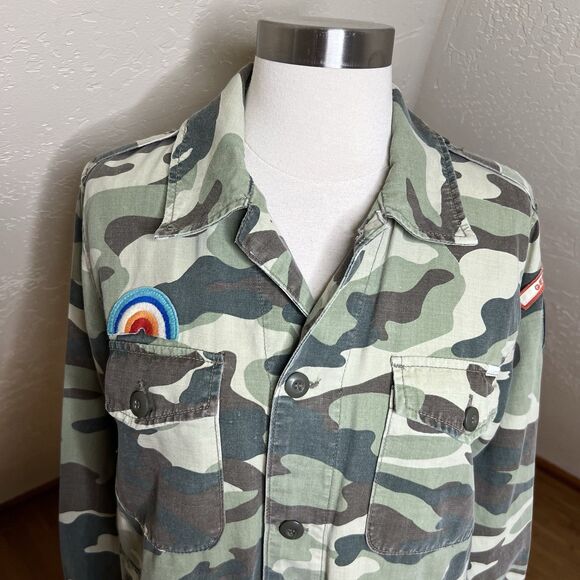Mother Shirt Womens XS Green Linen Lyocell Camouflage Loose Veteran Button Up - Picture 5 of 11